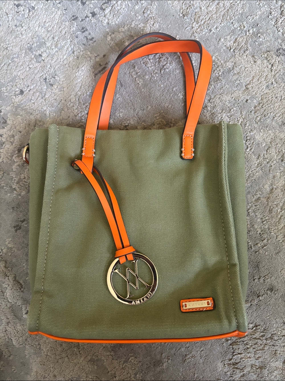 Olive Canvas Tote with Orange Trim and Gold Charm